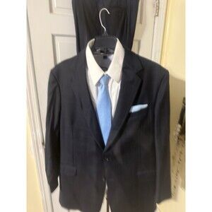 Men's Navy Blue Suit with Light Blue Stripes Men Size 48 Long Pants 40-42 Waist